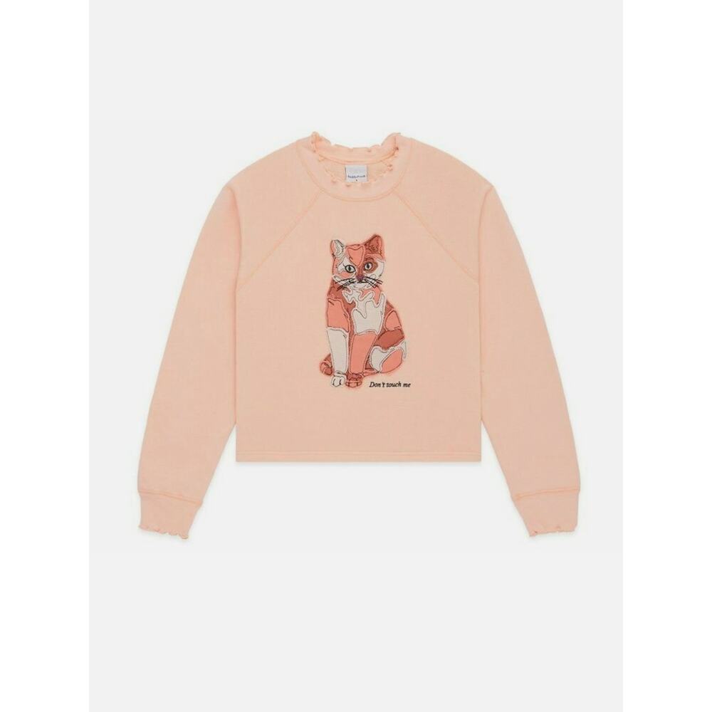 Teddy Fresh‎ WOMEN'S CAT APPLIQUÉ CREWNECK Peach Size S Kitty Graphic